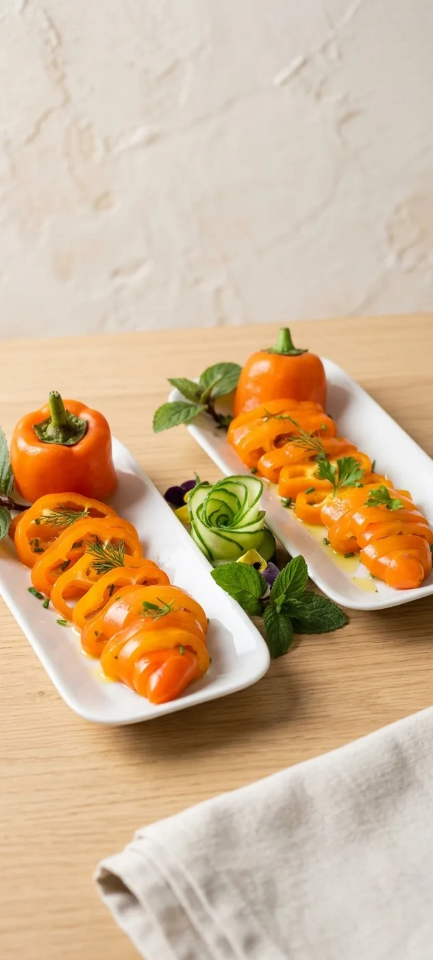 Sliced orange peppers on two white plates with mint and a cucumber rose