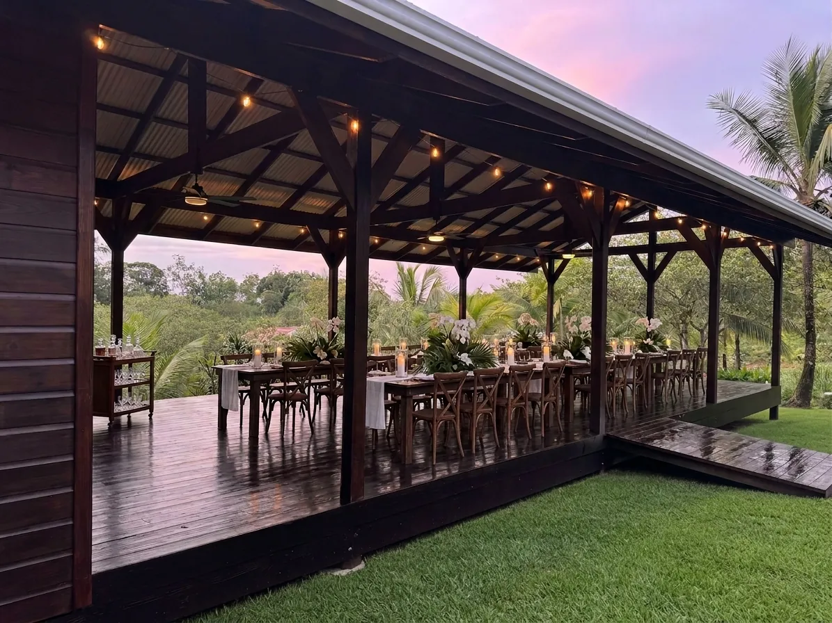 The pavilion deck at dusk from the side, tables set for dinner and a bar cart at the far end