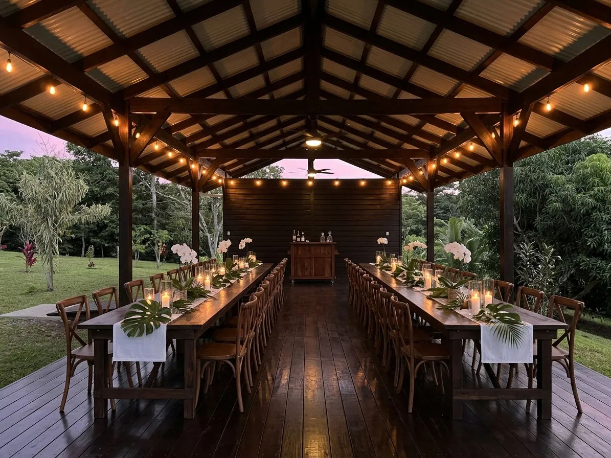 Looking down the two long candlelit tables inside the pavilion toward the bar at the back