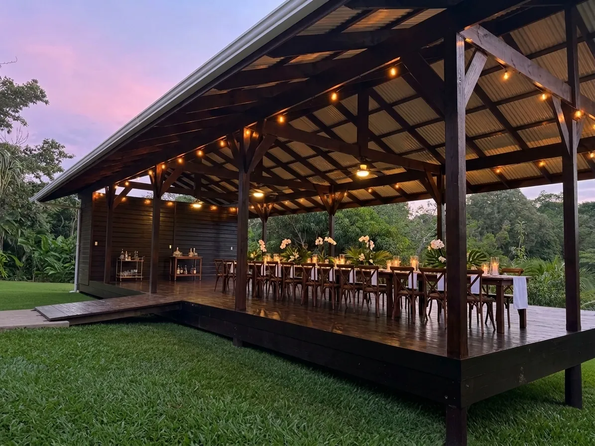 The pavilion at dusk with two long tables set for dinner under string lights, the lawn in front