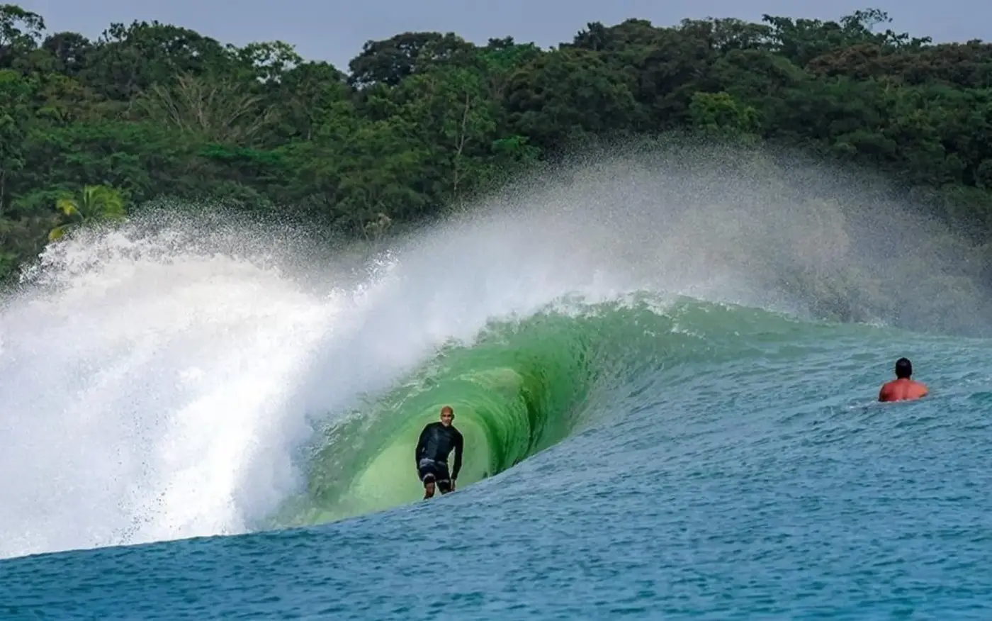 A surfer riding the barrel of a wave with a green Caribbean jungle behind